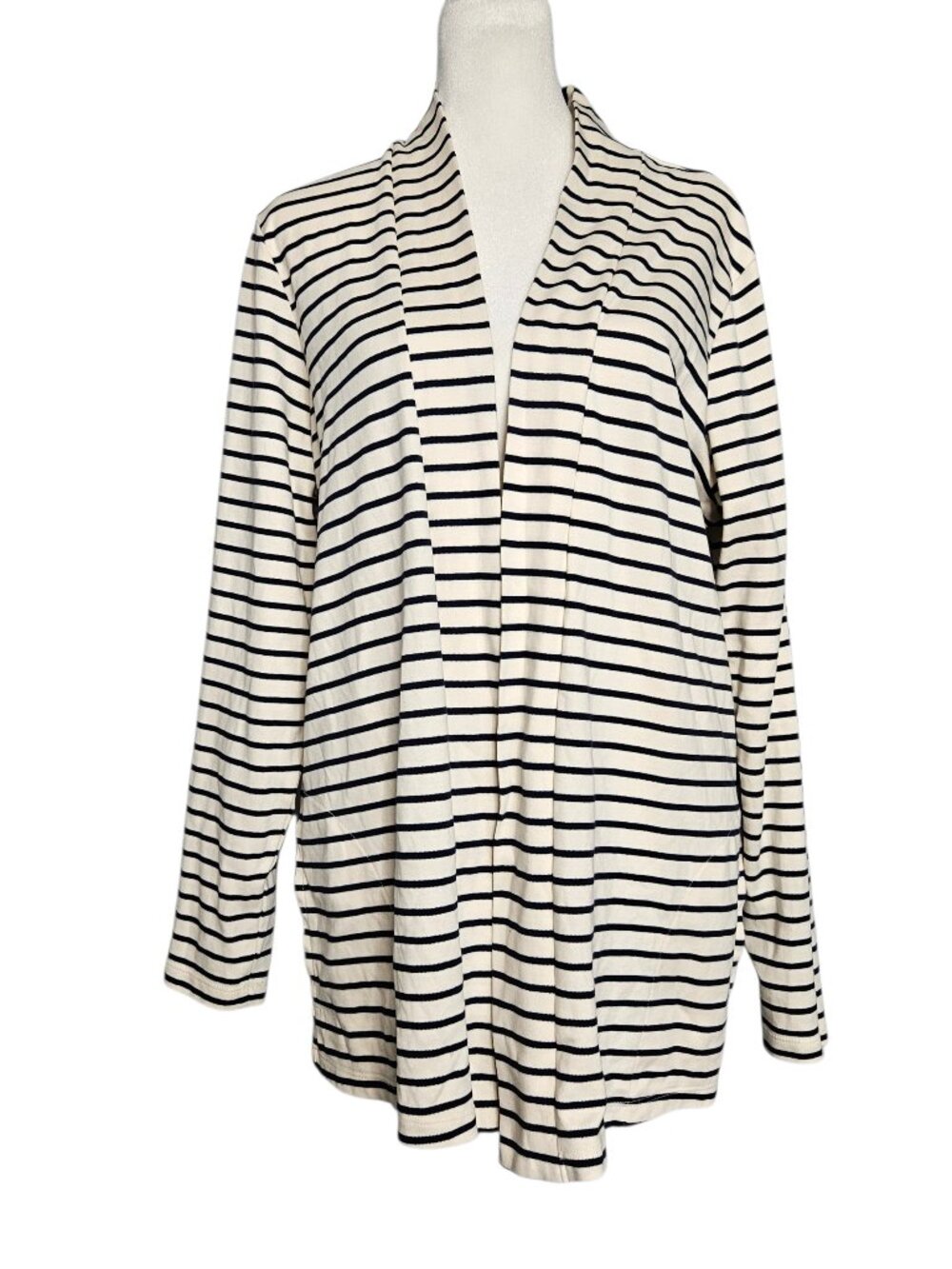 LL Bean Cardigan Women's XL Navy Ivory Open Front Supima Cotton Pockets Coastal